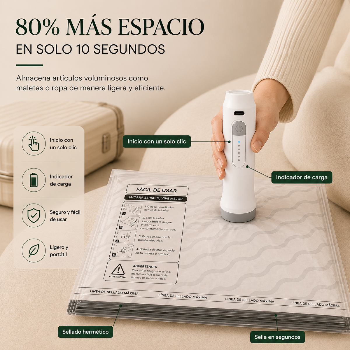 Bolsas de Vacío para Viaje con Bomba de aire Recargable